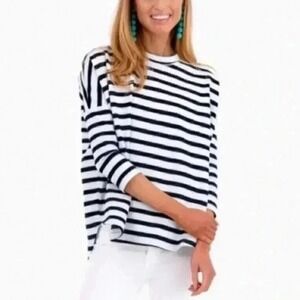 Coastal Beach Navy White Stripe Anchor Graphic Oversize Sweater Long Sleeve L/XL
